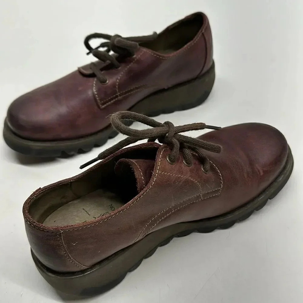 Fly London WhizâSneakers Lace Up Platform Leather Dark Red Black Size 37 / 6 6.5